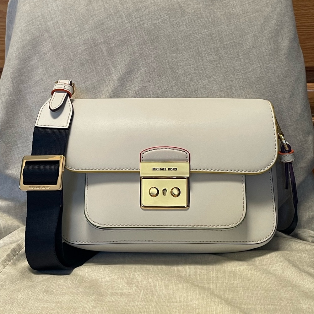 Michael Kors Sloan Editor MD Flap Messenger Bag – White with Rainbow Trim